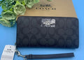 COACH C4452 Signature Long Wallet Round Zip PVC Canvas Leather Black Dark Gray