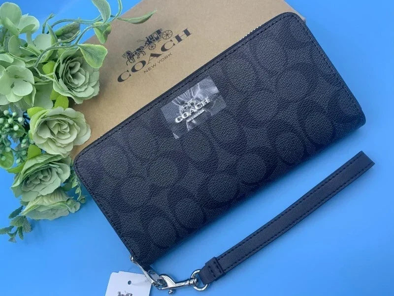 COACH C4452 Signature Long Wallet Round Zip PVC Canvas Leather Black Dark Gray