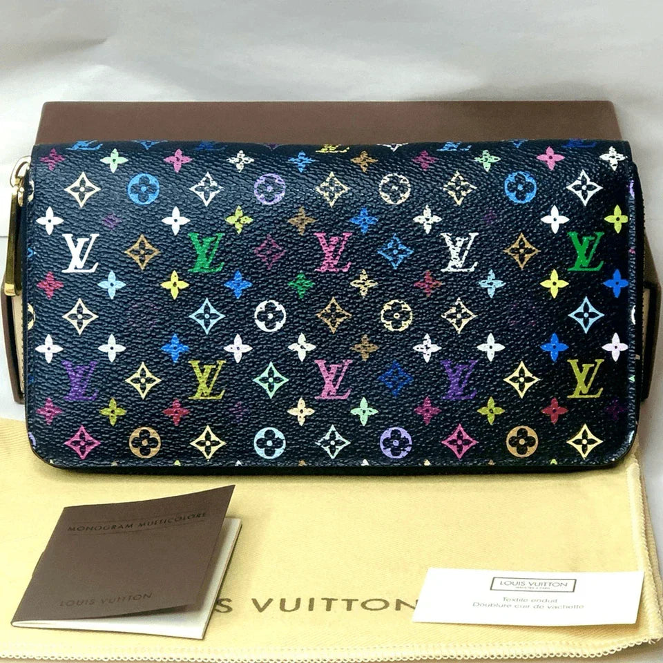 LOUIS VUITTON X Murakami Black MultiColor Full Zip Wallet Pink Interior Passport