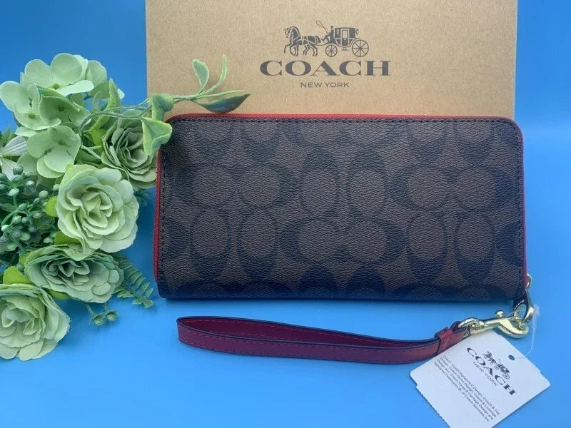 COACH C4452 C154 Signature Canvas Long Wallet with Strap Zip Gold Tone