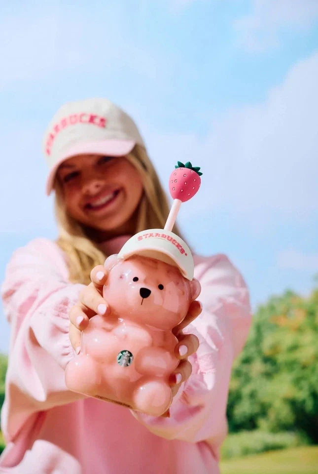 Starbucks Limited Edition Pink Strawberry Cap Bearista Bear Glass Cup 20oz/591ml