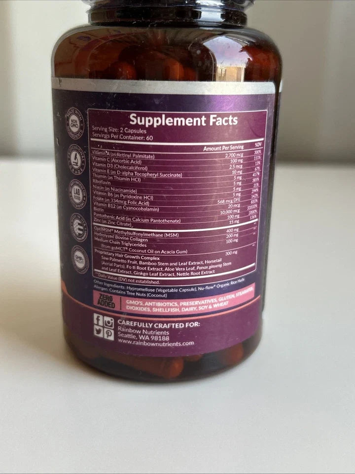 Rainbow Nutrients Hair Growth Vitamins for Women | Biotin 10,000Mcg Collagen 120
